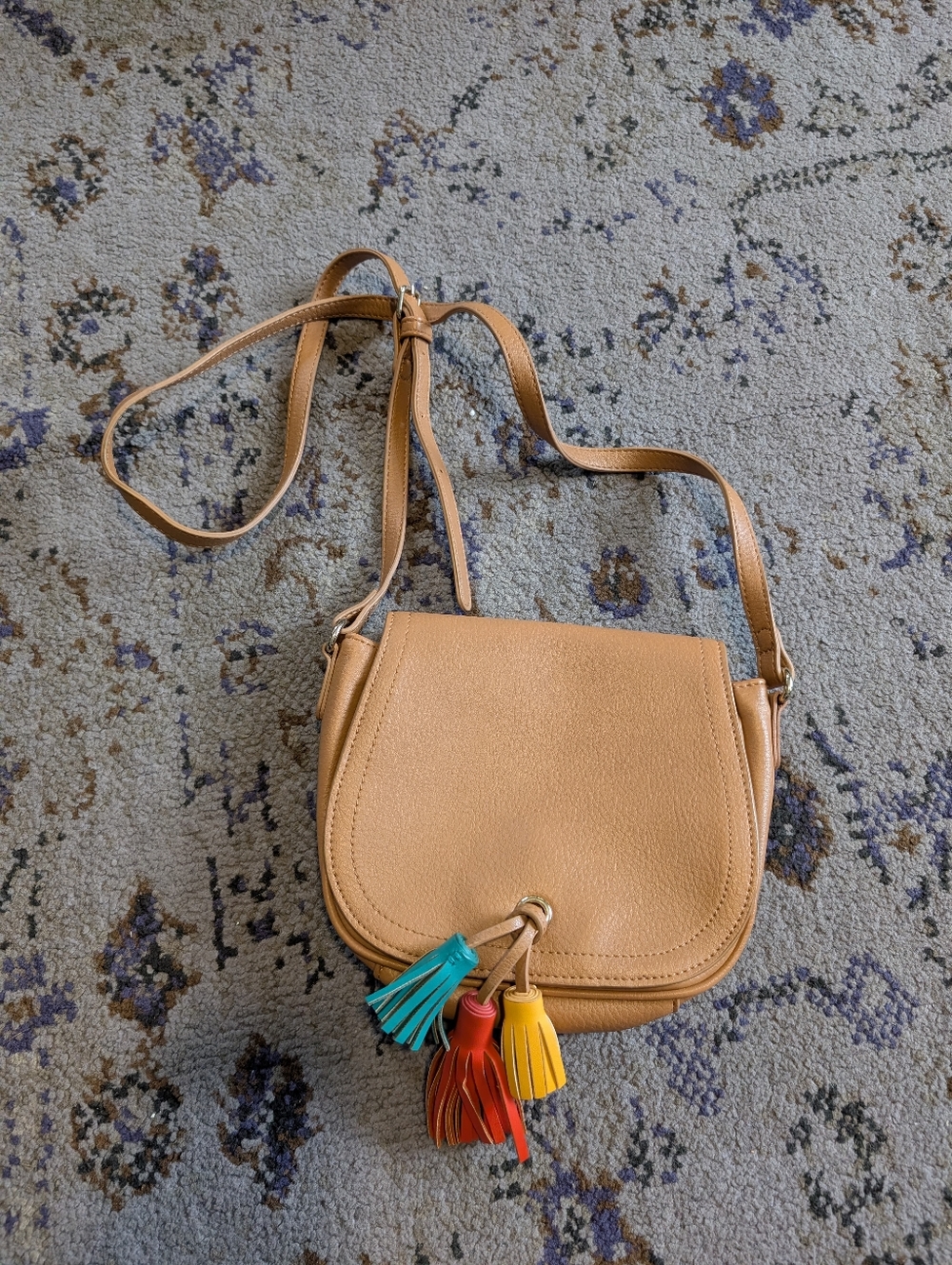 Old Navy Faux Leather‎ Tan Crossbody Purse With Blue, Orange, And Yellow Tassels